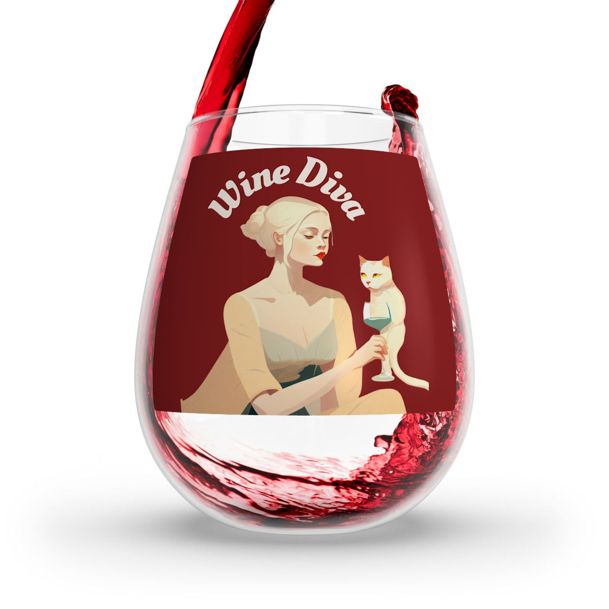 Wine Diva Stemless Wine Glass with Wine Pouring Into the Glass