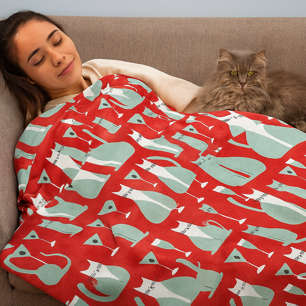 Woman sleeping on a beige couch, covered with a red blanket featuring cat patterns. Gray cat sits beside her, creating a cozy scene.