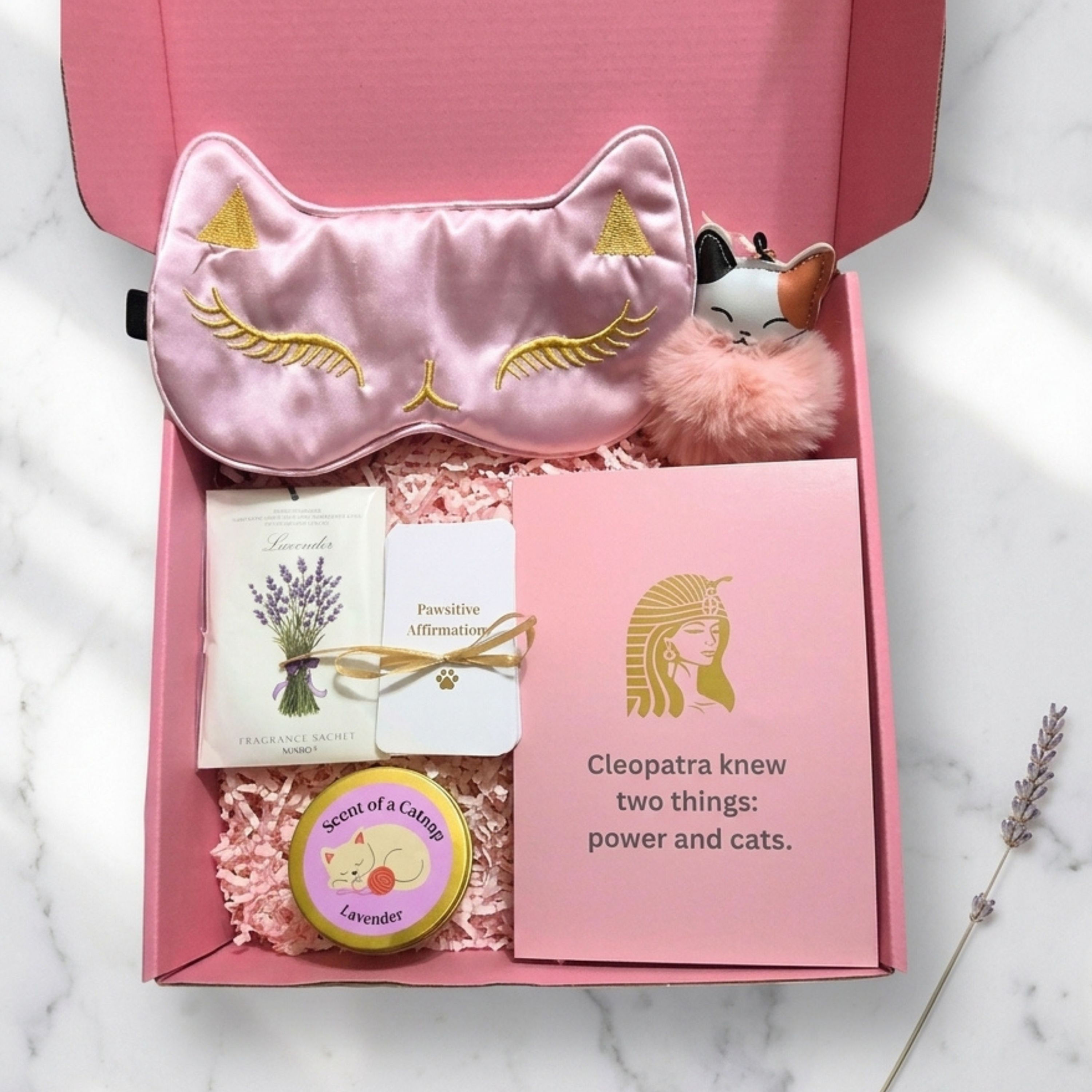 Catnap Gift Box Deluxe with satin cat ear sleep mask, sachet, candle, purse charm and greeting card in a pink aesthetic