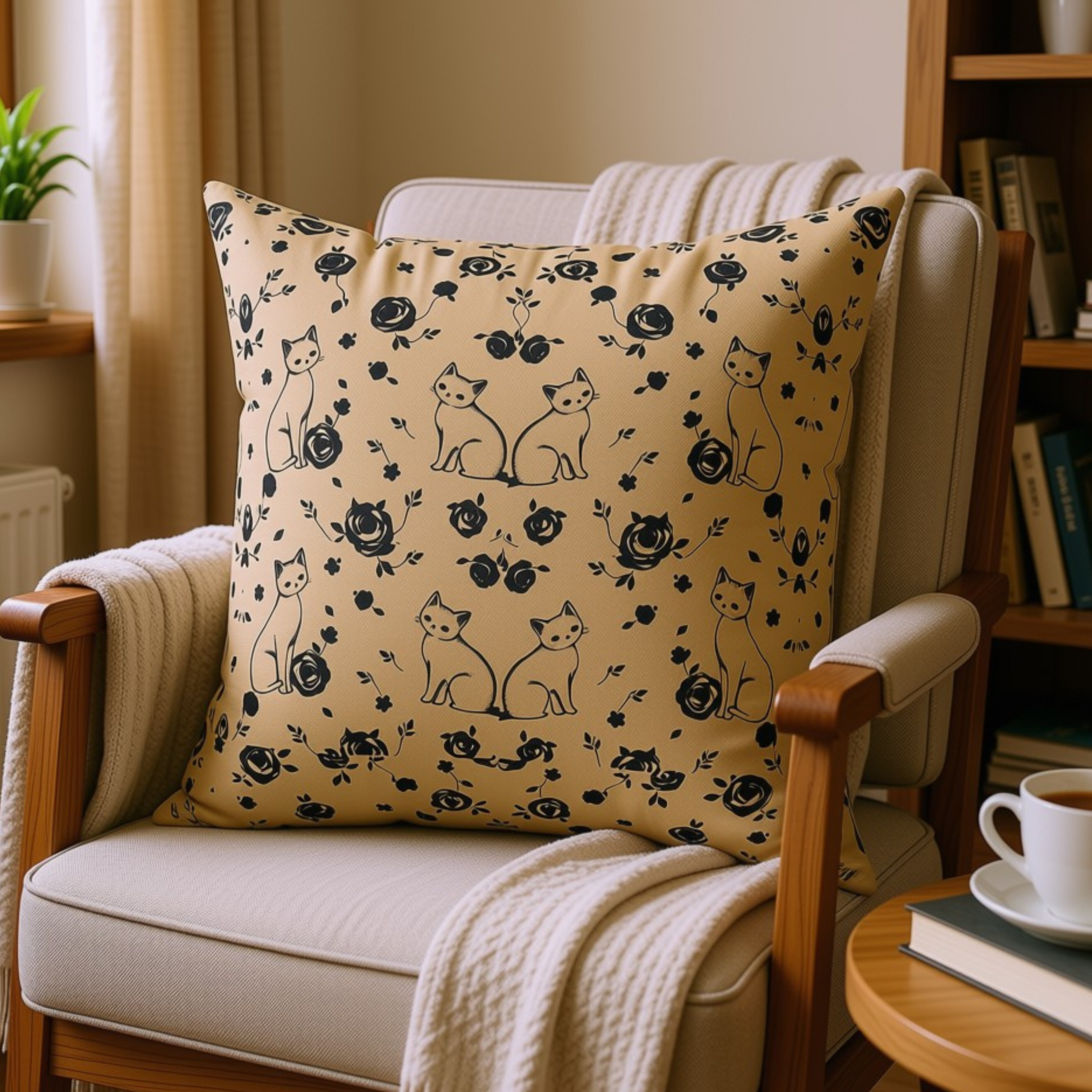 Warm beige pillow with a toile pattern of cats and flowers on a beige chair.