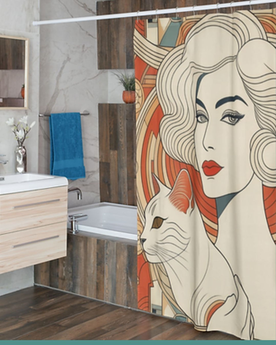 Art deco cat shower curtain installed, unique Mother’s Day gift