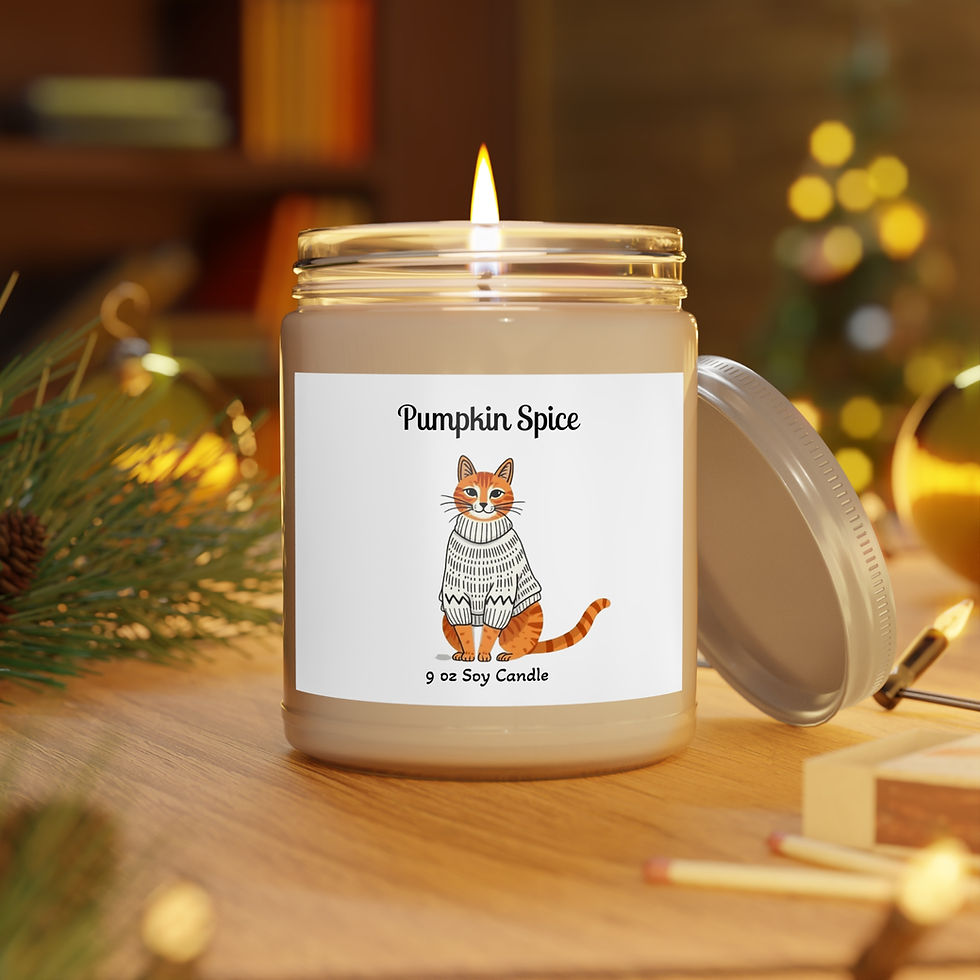 Pumpkin Spice 9 ounce Soy Candle with an Orange Tabby Cat Wearing a Sweater on the Label surrounded by Holiday Lights and Ivy