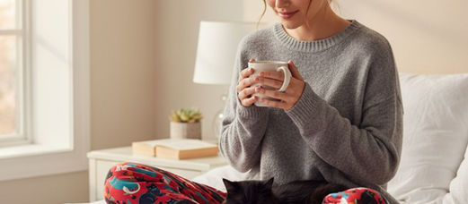Cozy Cat Mom Wearing Cat Pajama Pants With Her Black Cat