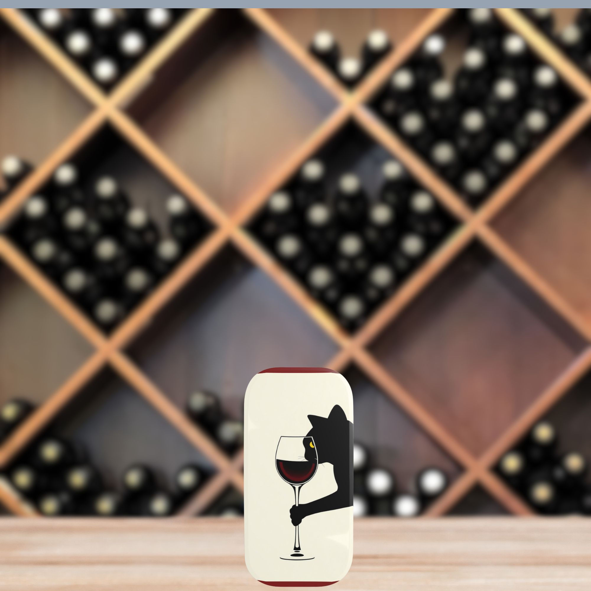 Funny Phone Grip for Wine Lovers in Front of Wine Rack with Black Cat and Wine Glass