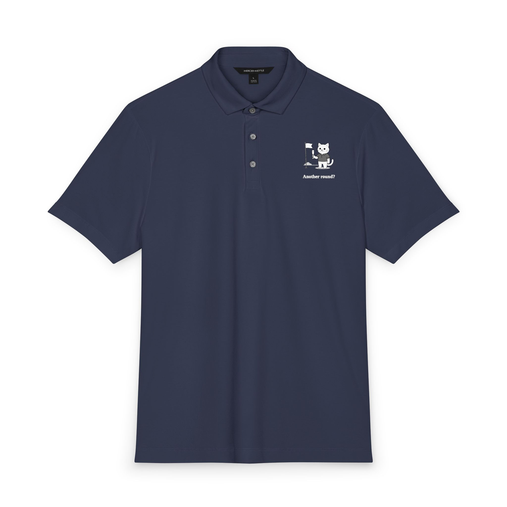 Cat Dad Golf Polo in Insignia Blue with a drawing of a cat holding a champagne flute and the slogan "Another round?"