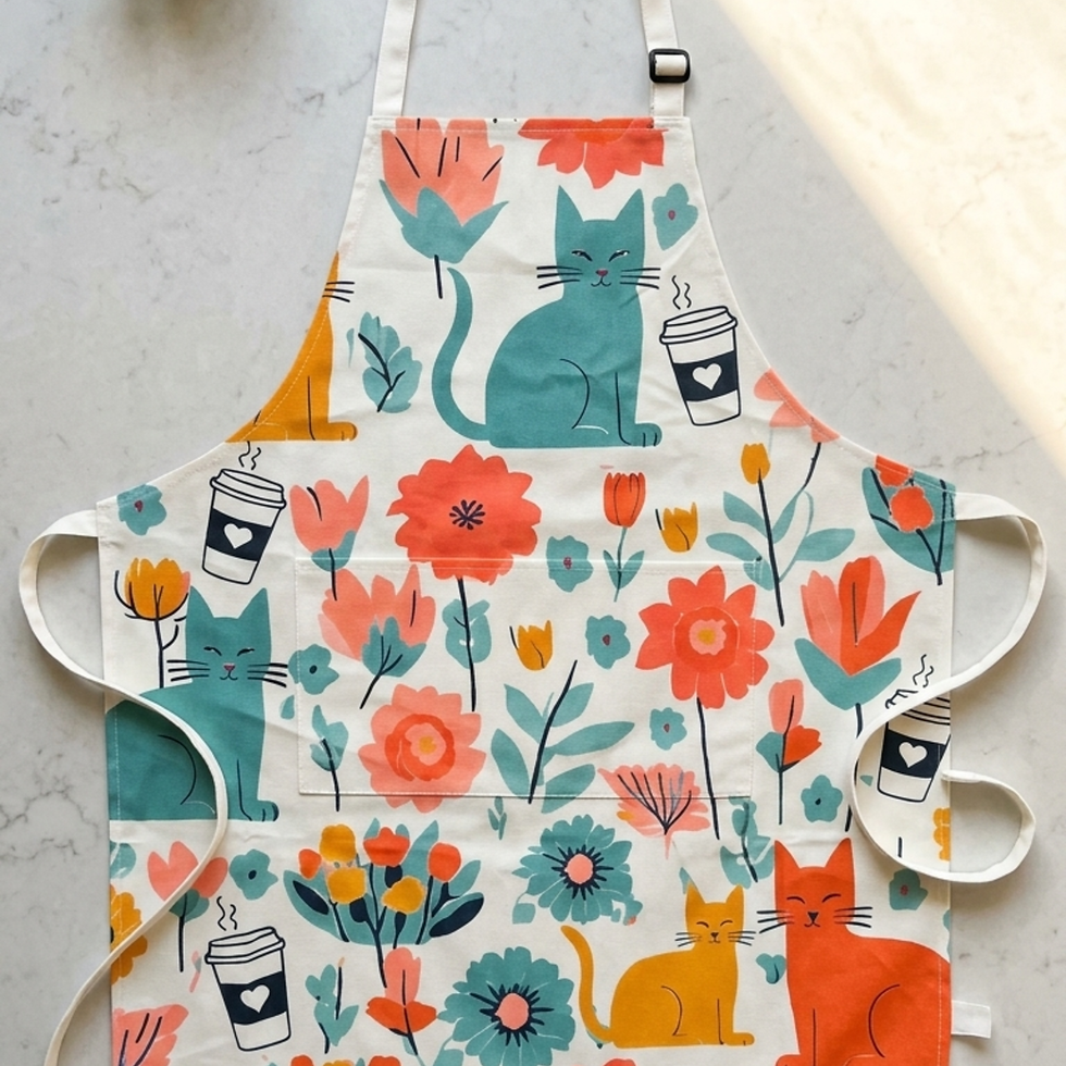Whimsical multicolored apron with cats, flowers and coffee cups with hearts in a spring motif.