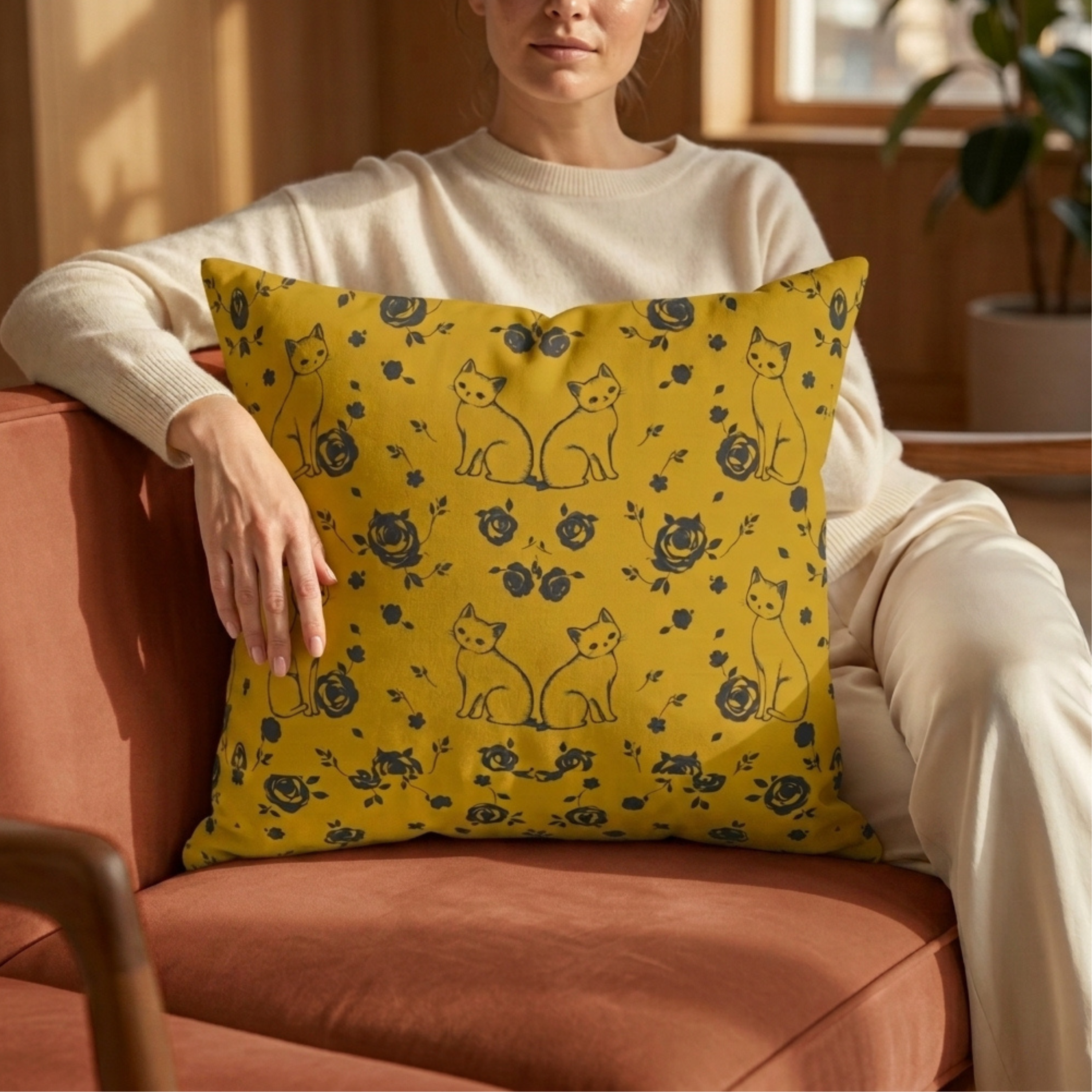 Woman holding an ochre pillow with a floral cat design on a terra cotta sofa