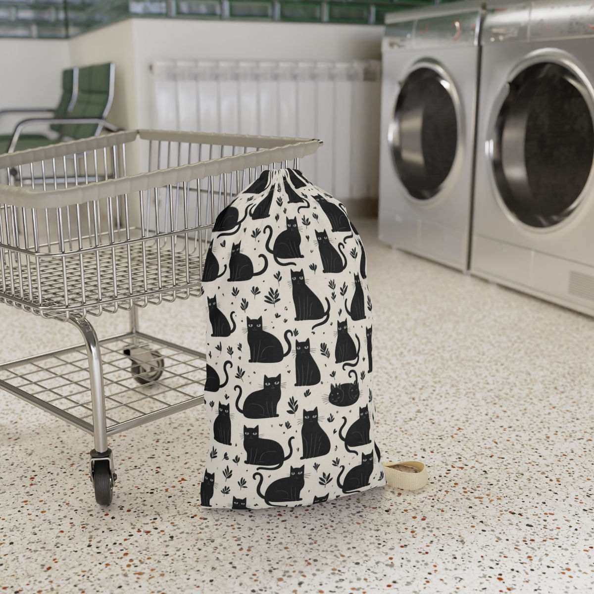 Black Cat Print Laundry Bag by Laundry Cart to Show Size