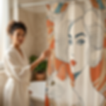 Woman in bathrobe next to a retro shower curtain with a woman and cat design in a modern bathroom.
