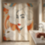 Orange and white art deco shower curtain with a woman and cat in a modern bathroom.