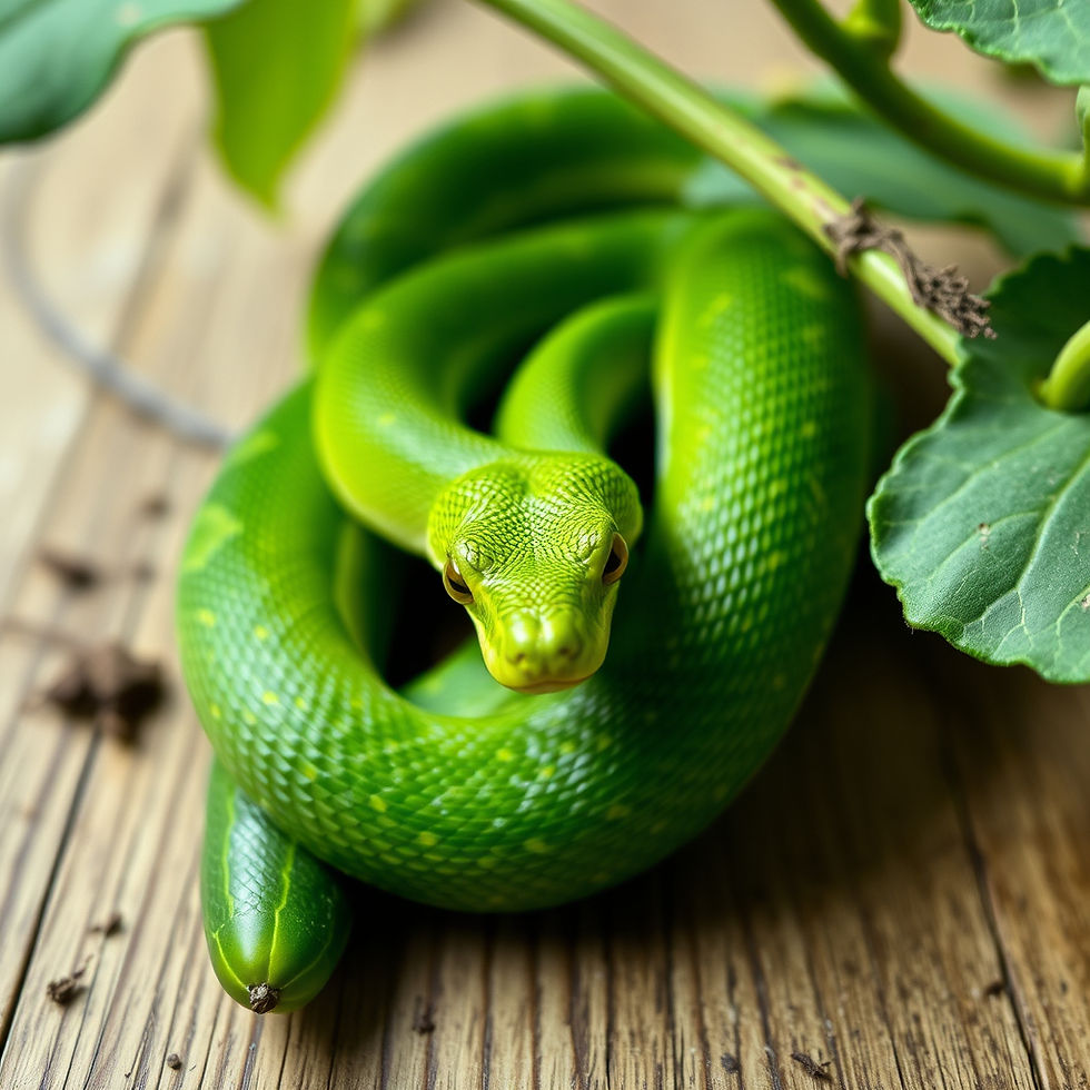 Green snake on top of a cucumber
