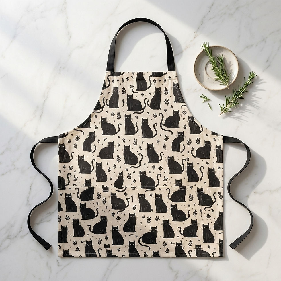 Black cat-print apron with black straps on white marble, beside a small dish and rosemary sprigs.