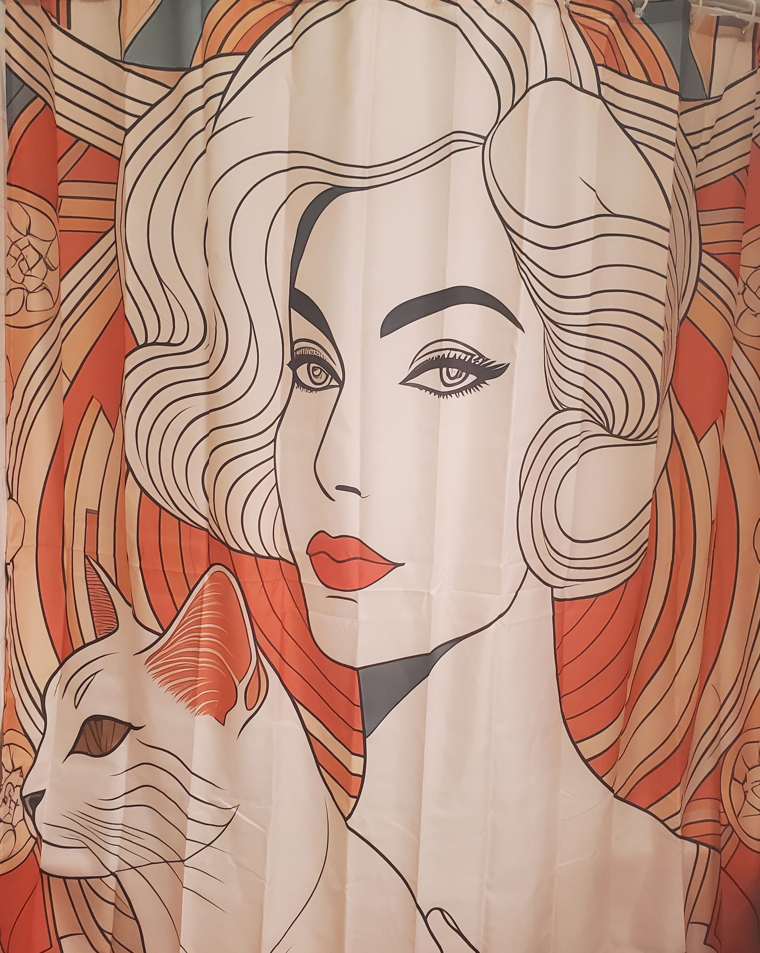 Orange and white shower curtain with a glam woman and cat design.