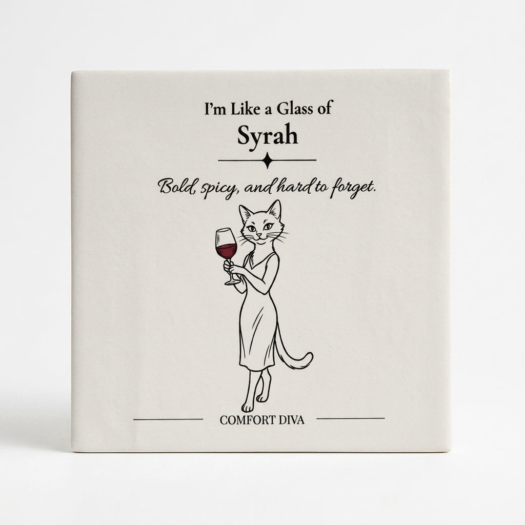 White cocktail napkin with a cat, a wine glass and the text: I'm Like a Glass of Syrah, Bold, Spicy and Hard to Forget"
