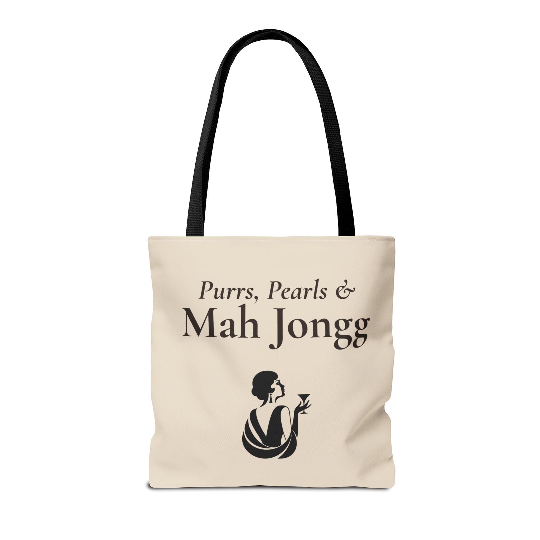 A cream colored tote with the phrase Purrs, Pearls and Mah Jongg with an art deco illustration of a flapper and a cat.