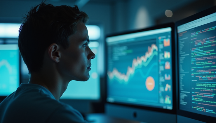 Vista a nivel de ojo de un espacio de trabajo con pantallas mostrando datos de IA y una persona reflexionando