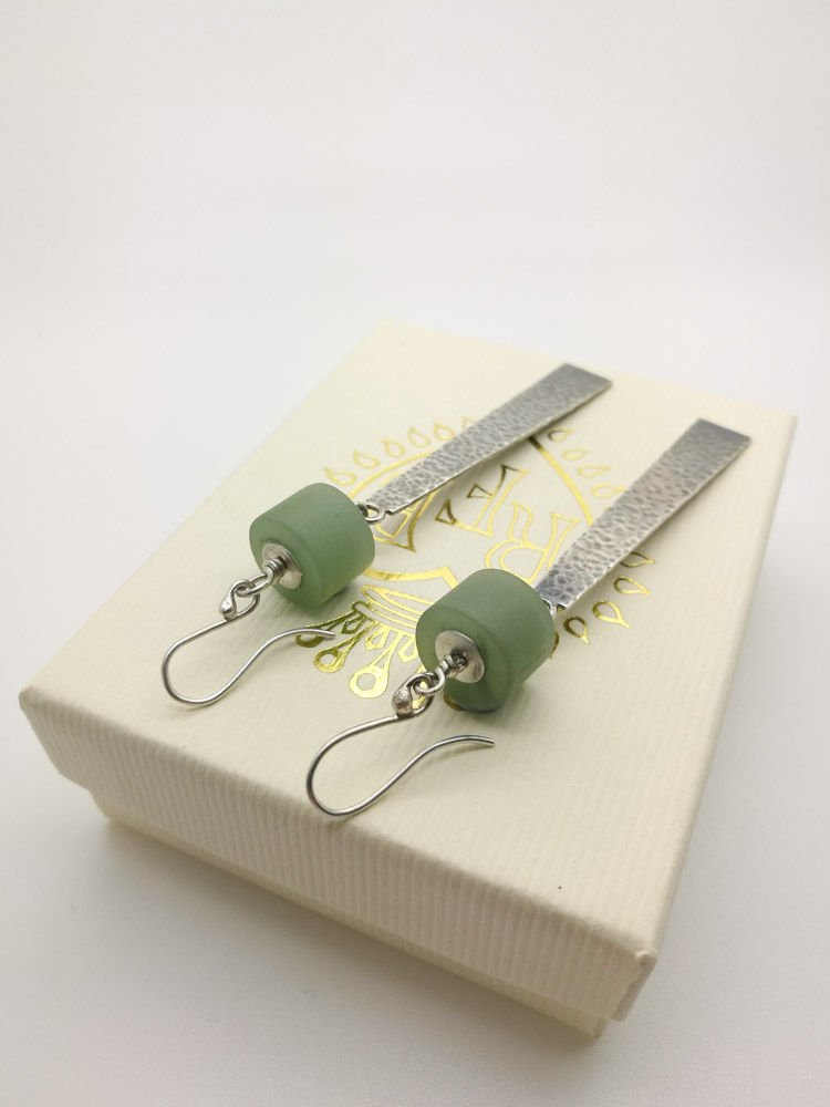 Thumbnail: Hammered Sterling Silver Frosted Aventurine Drop Earrings