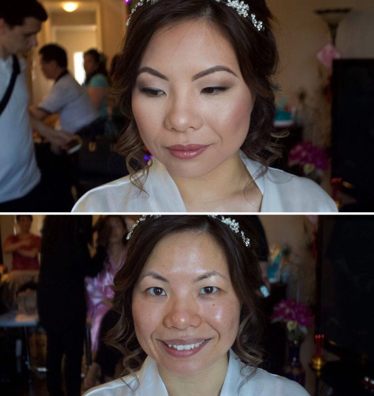 Top: Woman with makeup. Bottom: Woman without makeup.