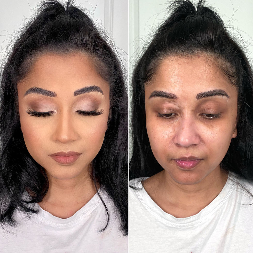Before and after makeup transformation on a woman.
