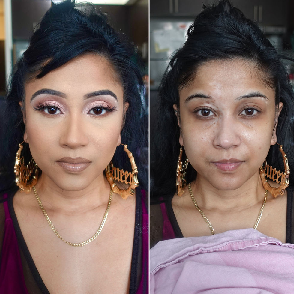 Two side-by-side portraits showing makeup transformation.