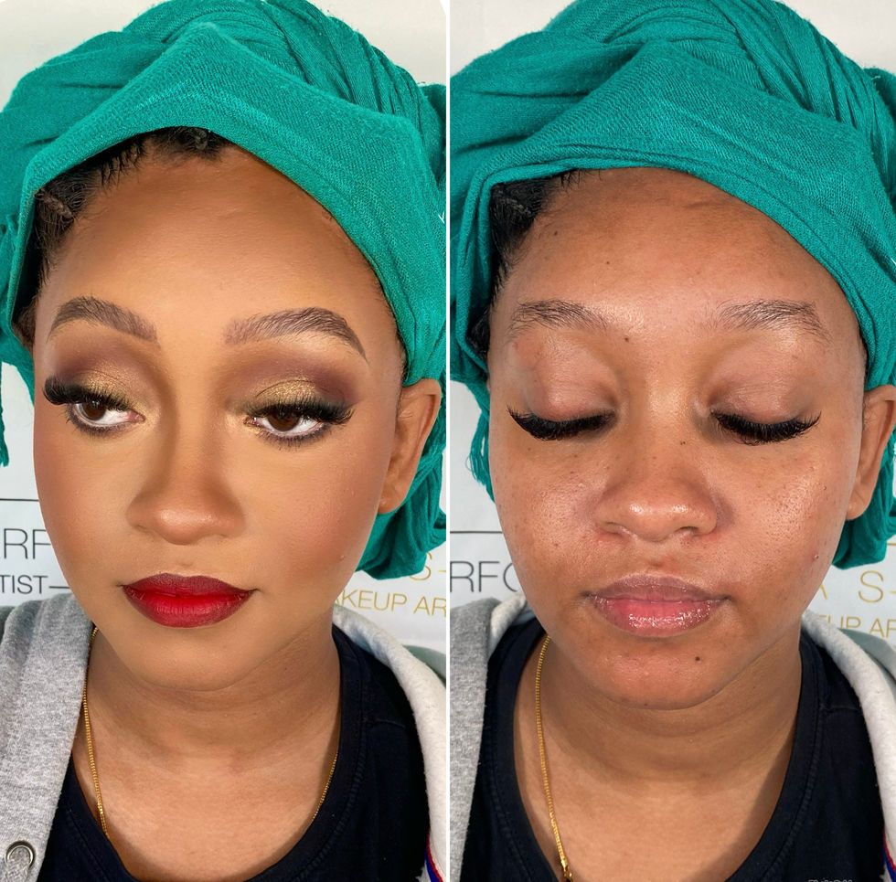Woman with makeup and without, wearing a green headscarf.
