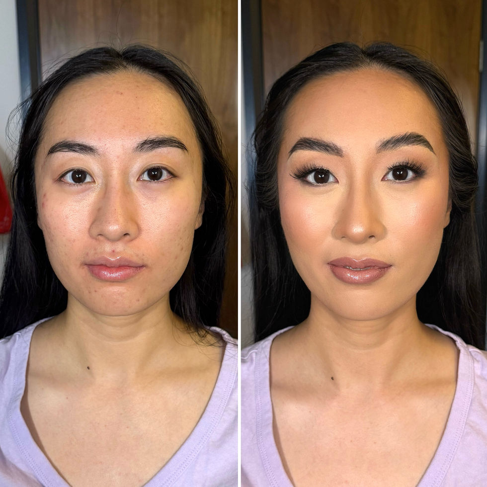 Woman's face before and after makeup application.