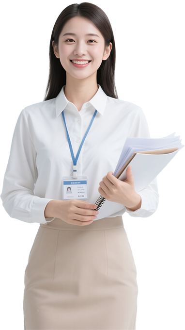 20代の日本人女性、白いブラウスにベージュのスカートを着用。胸元には社員証のネームホルダーを下げている。手に資料やノートを抱えて、爽やかな笑顔で正面を向いている.png