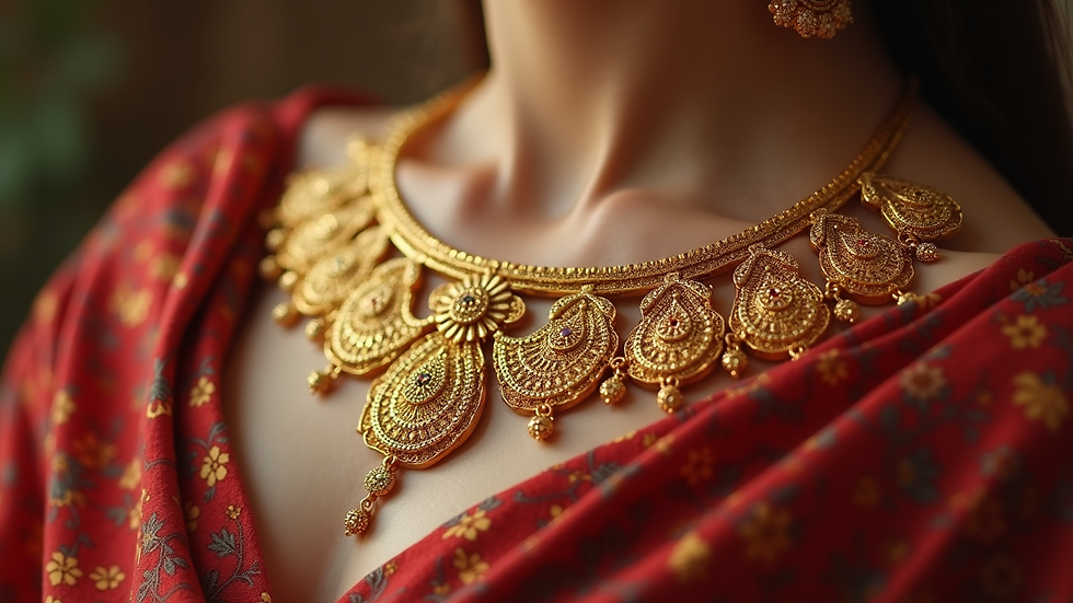 Close-up view of a beautifully crafted gold necklace with intricate designs
