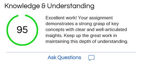 Screenshot of GradeWise AI showing 95% score and feedback for Knowledge and Understanding rubric criterion