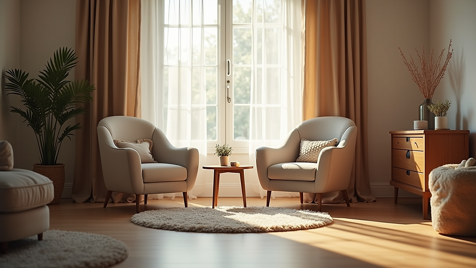 Eye-level view of a cozy family living room with two chairs and a small table