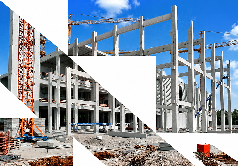 Concrete building frame under construction with crane