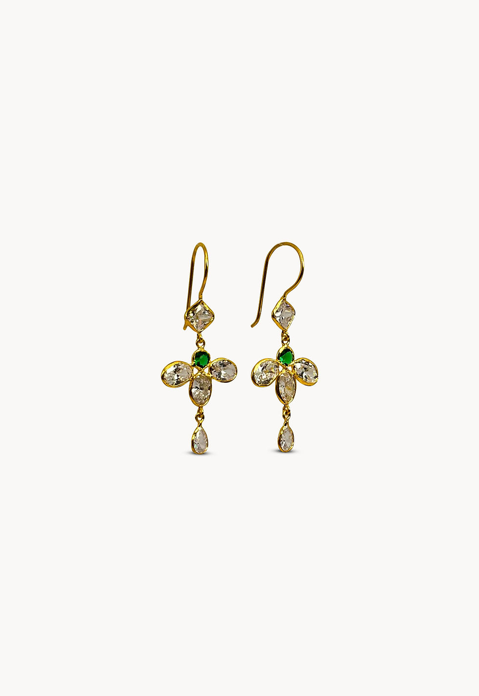 Elegant gold Crosslight Earrings with green and white stones