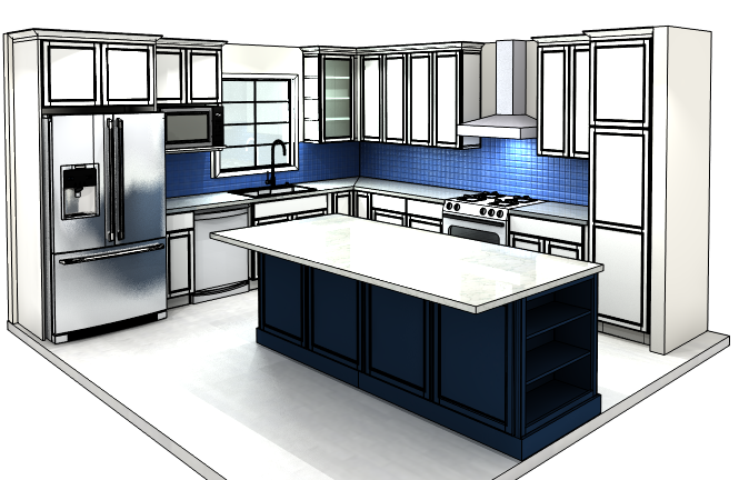 3D kitchen design with blue island and white cabinets
