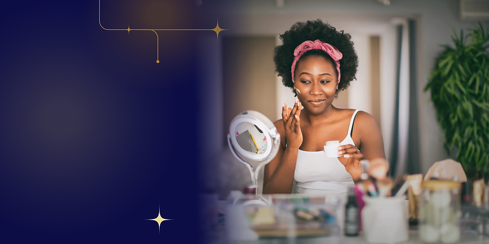 Woman applying facial cream in front of a mirror, skincare routine, beauty context.