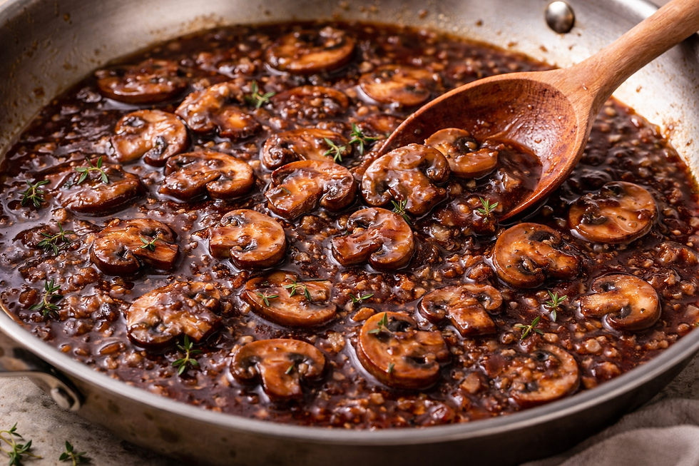 mushrooms cooking in skillet for red wine mushroom sauce