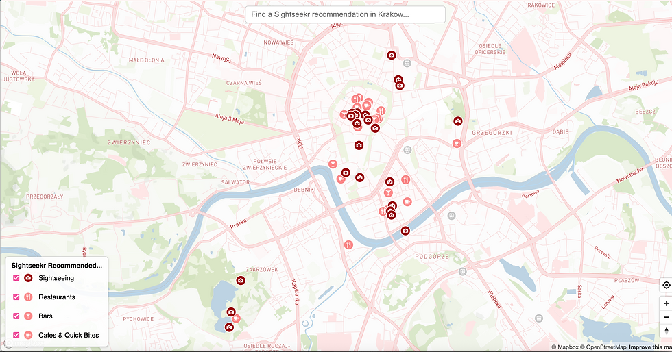 A map of Krakow with specific icons, made by Sightseekr