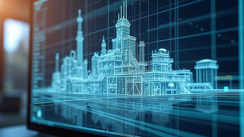 Eye-level view of a 3D CAD model of an industrial plant on a computer screen