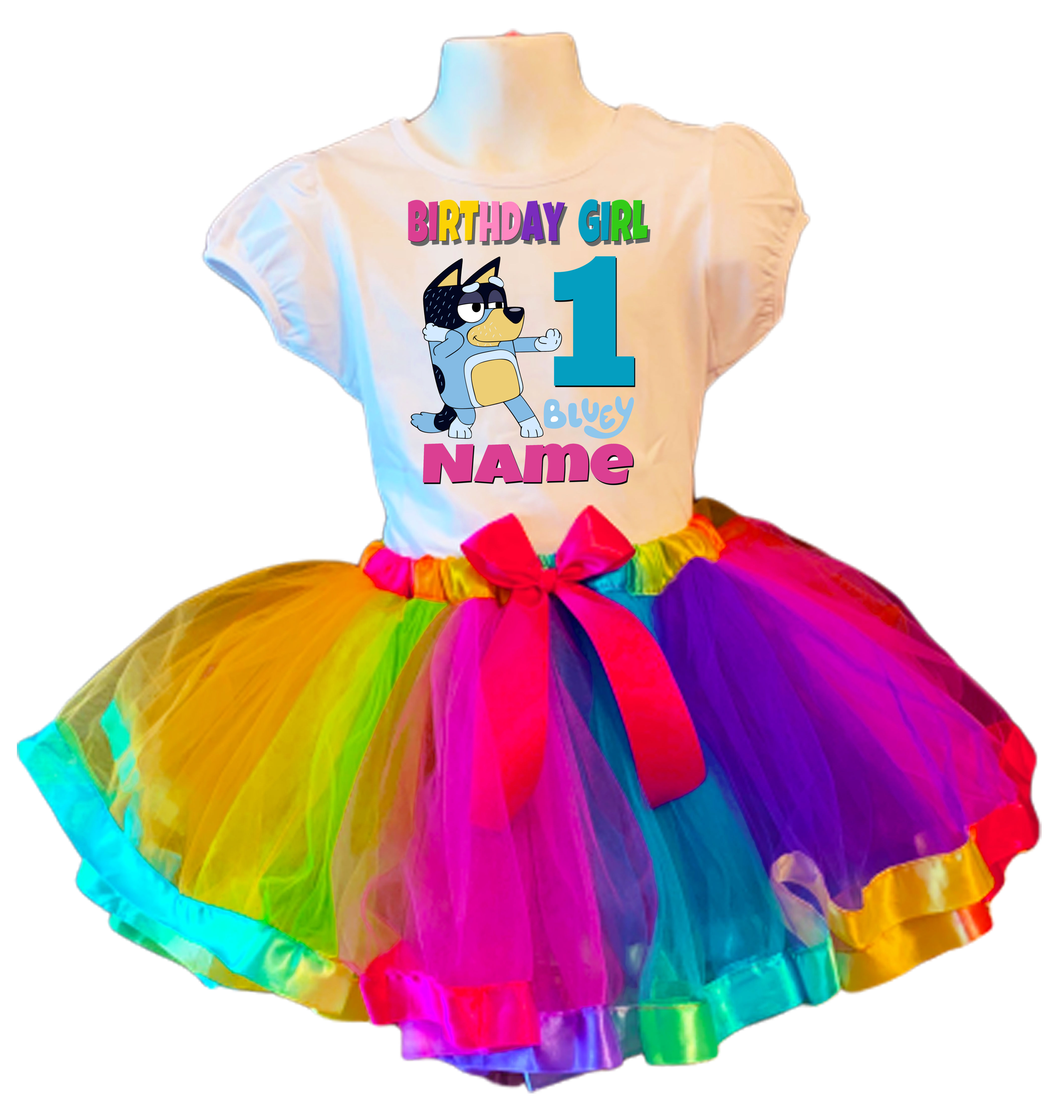 Bluey Bandit Outfit Rainbow Tutu Party Dress Shirt Girl Birthday