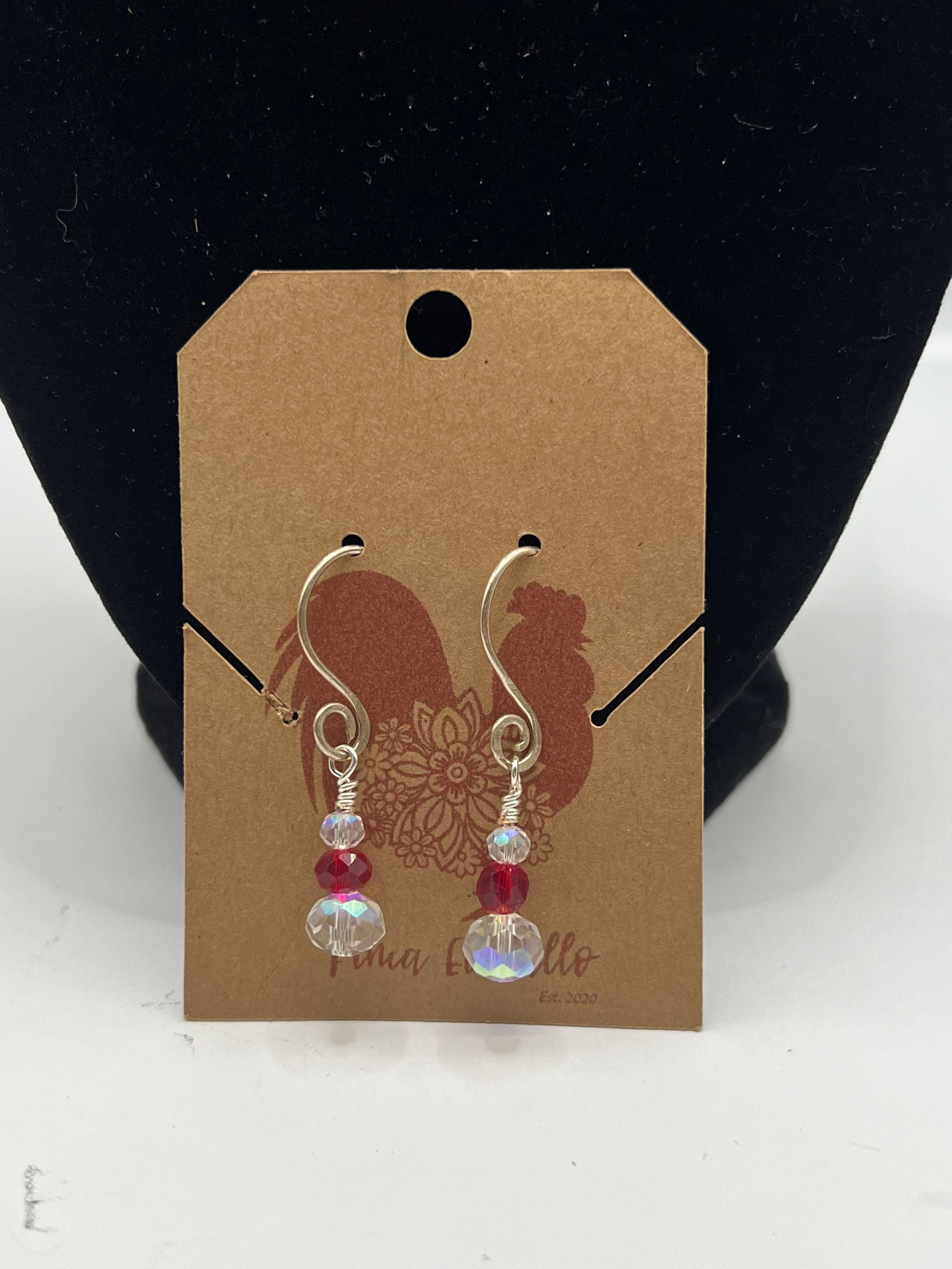 White and Red Beaded Silver Earrings