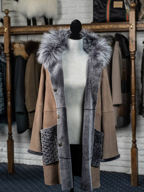 Chestnut Shearling with Lattice Pockets & Fox Trim Hood