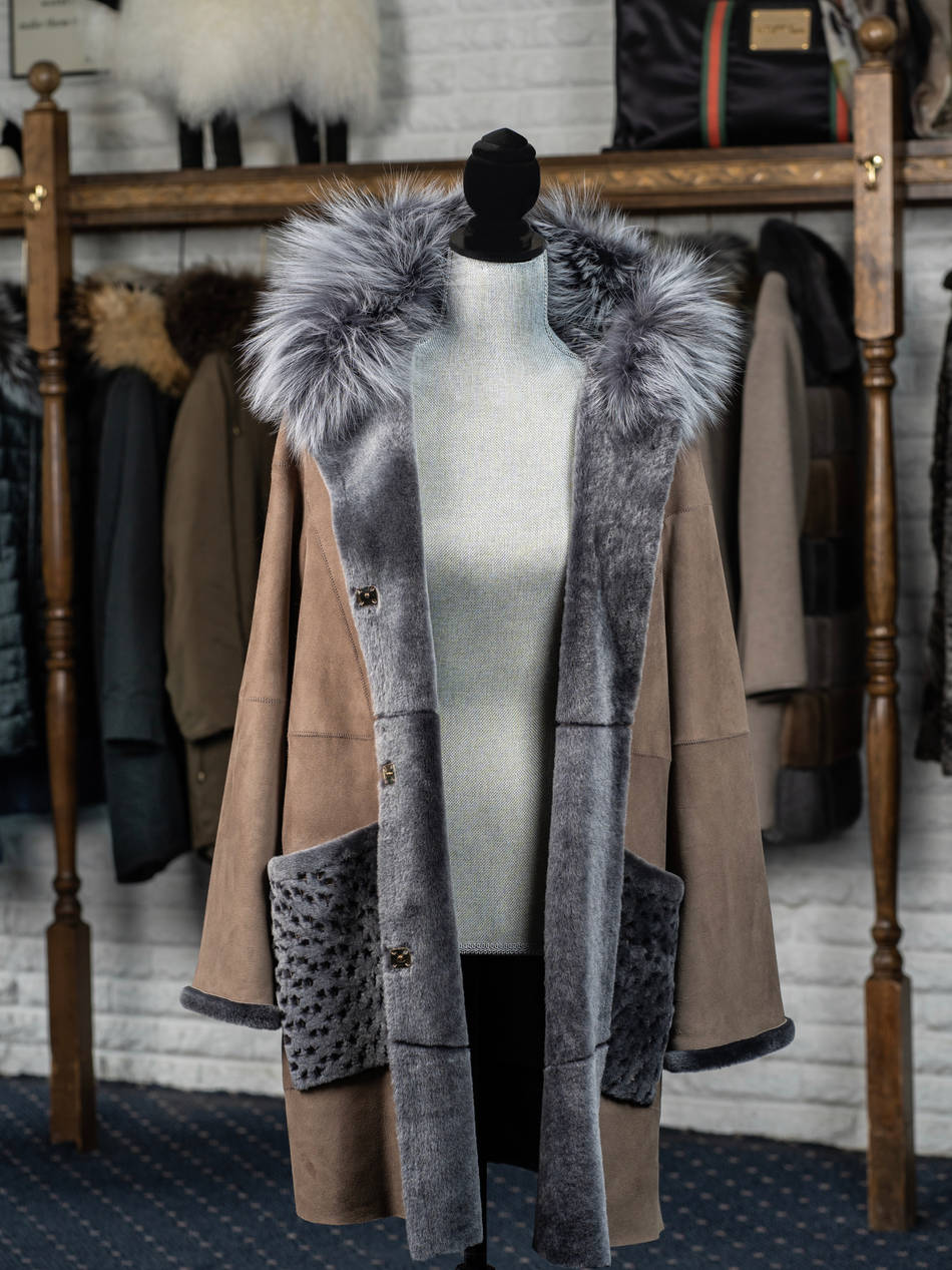 Chestnut Shearling with Lattice Pockets & Fox Trim Hood