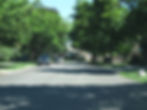 A wide, residential street with many trees and a few houses visible