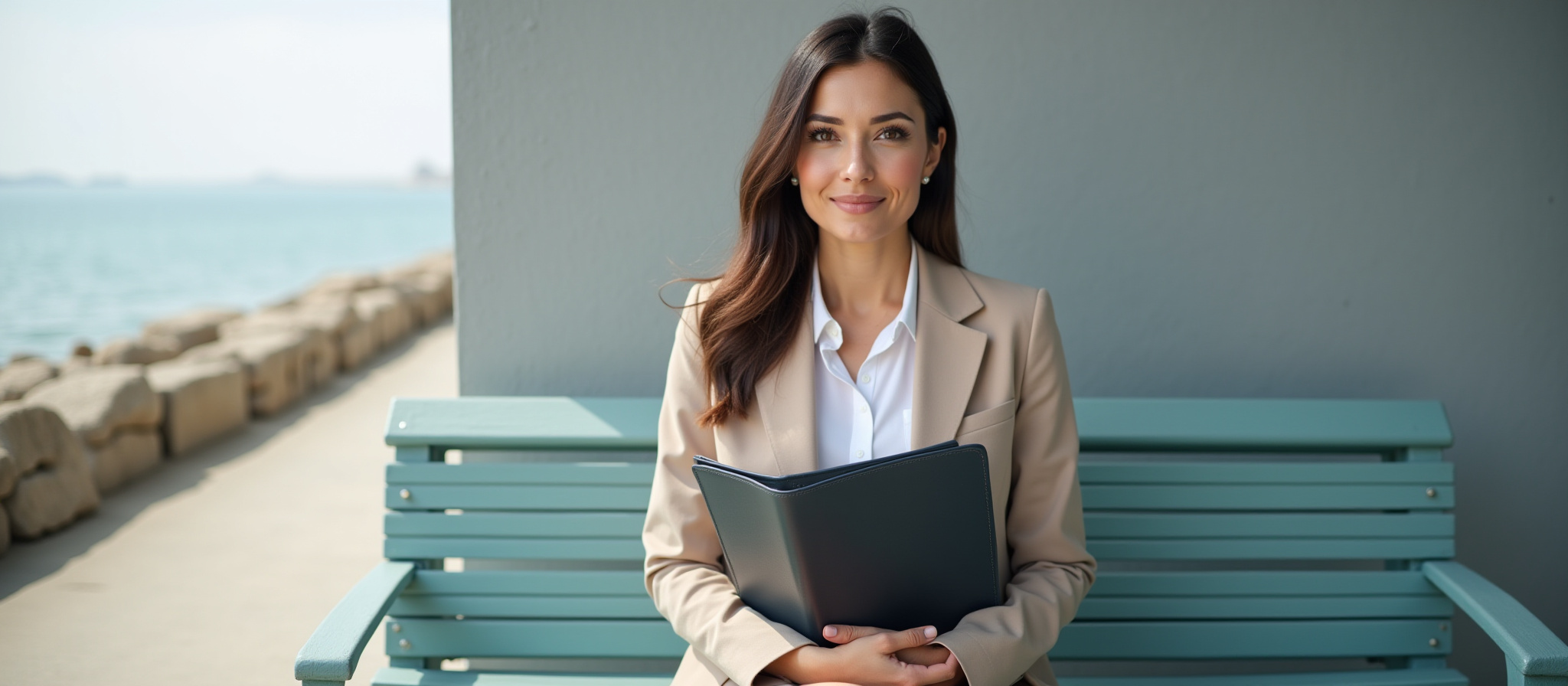Background picture of woman smiling with dark hair holding portfolio