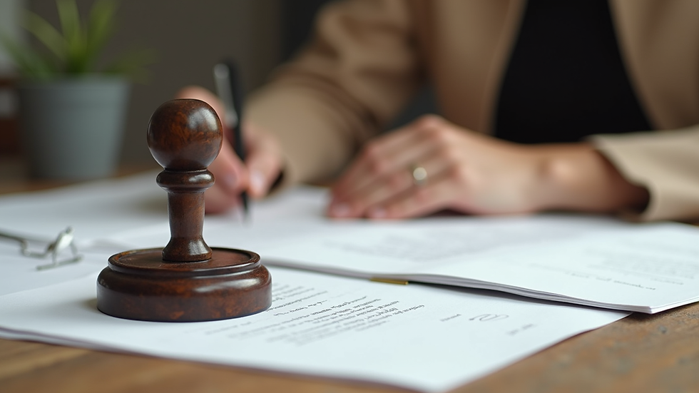 Close-up view of a notary stamp and documents on a wooden table