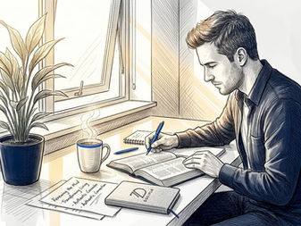Man reading Bible at kitchen table in morning