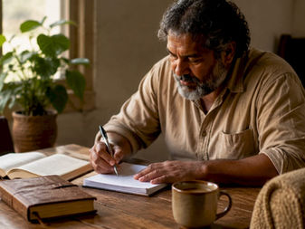 Church leader preparing sermon notes at desk
