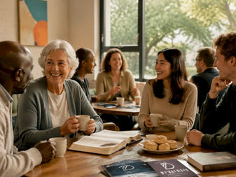 Community gathering outside local church building in morning light.