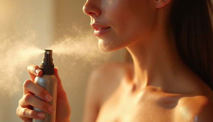 Eye-level view of a spray tan hydration mist being applied to a woman's arm in a cozy indoor setting