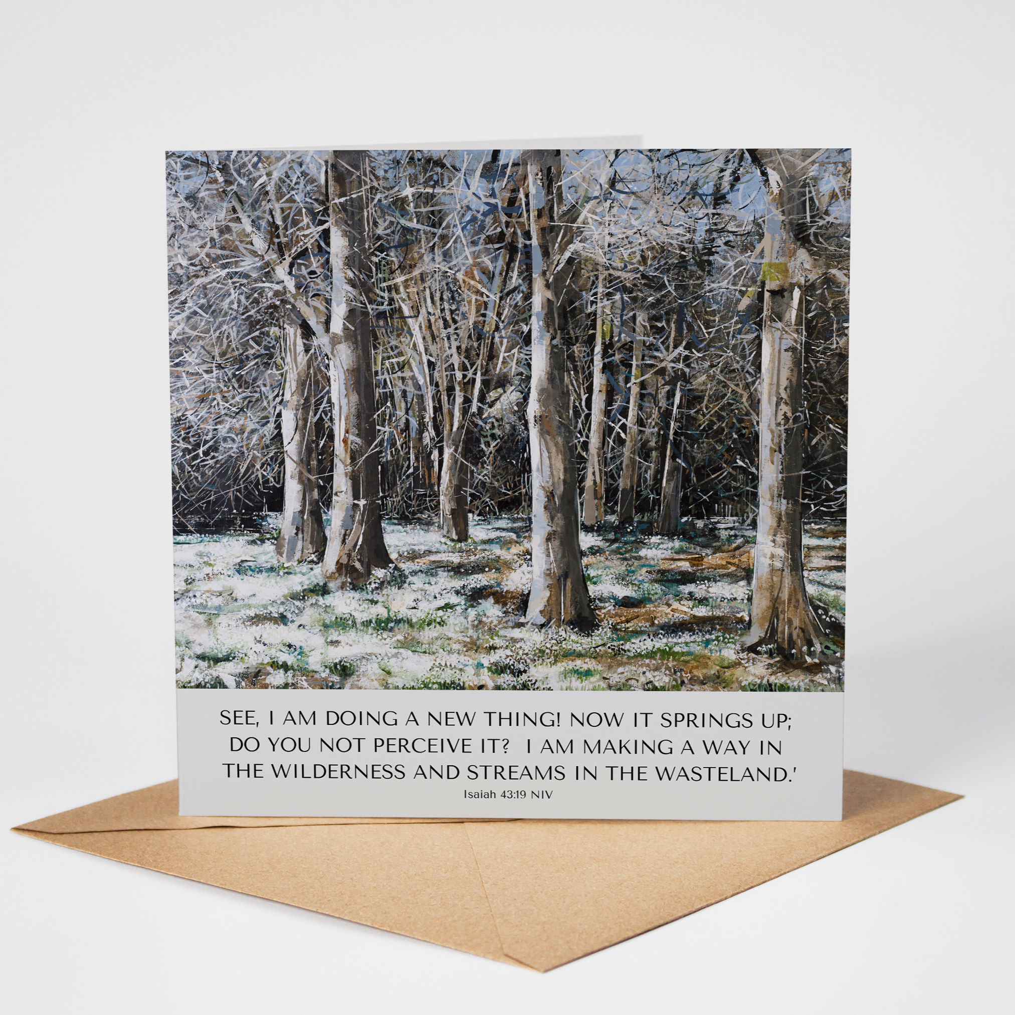 Fine Art Greeting Card with Snowdrop Woodland scene and Isaiah 43 v 19 bible verse at the bottom.