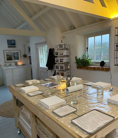 Art studio of Charlotte Englefield set up for a workshop in Long Dean, Chippenham, Wiltshire on the edge of the Cotswolds